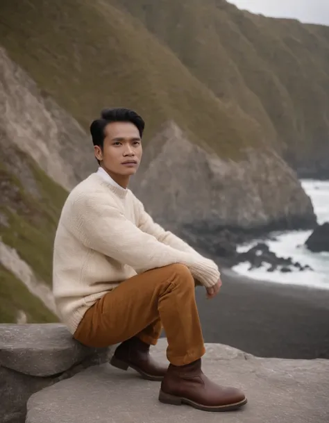 Indonesian man yellow sweater and brown boots in front of cliff, in the style of dark orange and white, monochrome geometry, zigzags, white and beige, photo taken with provia, dark beige and white, reefwave (medium shot)