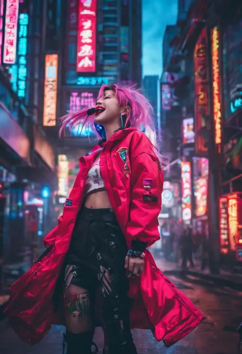 Laughing Japanese girl,pale skin,beatiful face,rose hair,showsmiddle finger,red jacket Tokyo, with Cyberpunk style,Japanese streetwear,Tokyo Fashion,Wearing a Cyberpunk 2 jacket 0 7 7