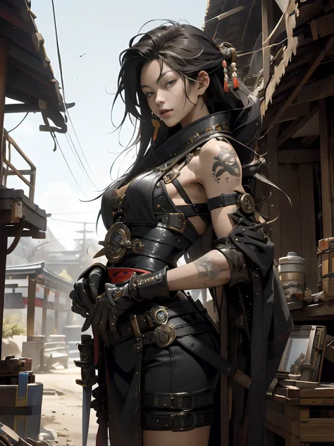 ((woman))), (((best qualityer))), (((tmasterpiece))), (((AS-Adult))), ((( Japanese ))), Look up from your knees, A beautiful asian samurai woman with perfect body, Modern samurai, ((( Asian))), Wear gloves on your hands，The left arm is made of steel and me...