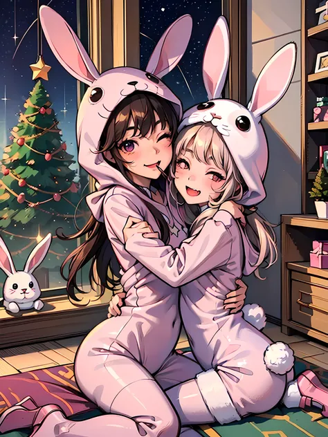 (((rabbit costume))), (((kigurumi))), 2 girls, sisters, blushing, smile, (mouth open with fang), eyes closed, (older sister hugs younger sister from behind) , hug back, pink room, gift box on the floor, fir tree, stars visible from the window, starlight, s...