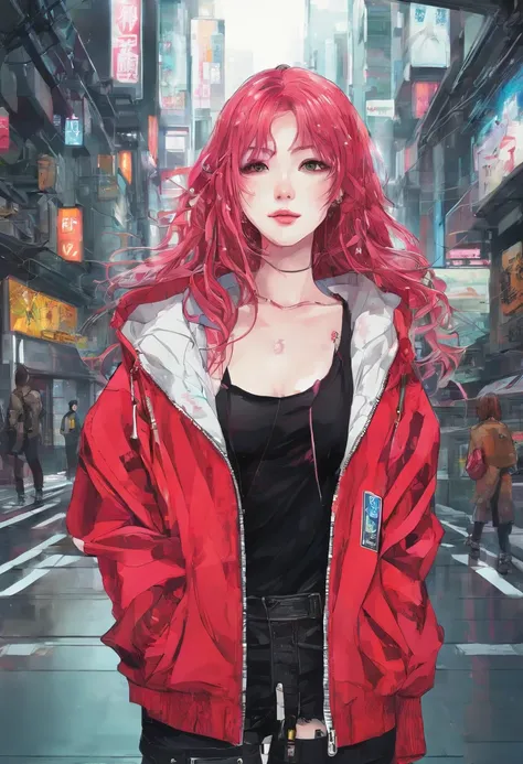 japanaese girl,pale skin,beatiful face,rose hair,red jacket Tokyo, with Cyberpunk style,Japanese streetwear,Tokyo Fashion,Wearing a Cyberpunk 2 jacket 0 7 7