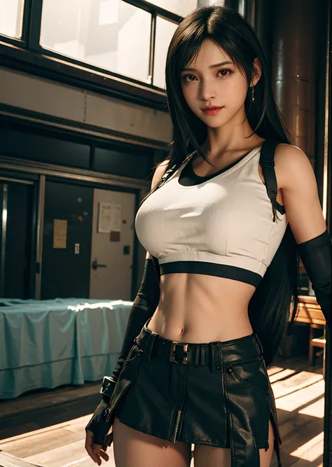 (Photorealistic: 1.4), top quality, very delicate and beautiful, high resolution, 1girl, tifa_lockhart, smile, cowboy shot, suspenders, low rise, mini skirt, tank top, tense shirt, black hair, long hair, elbow gloves, beautiful detailed red eyes, face ligh...