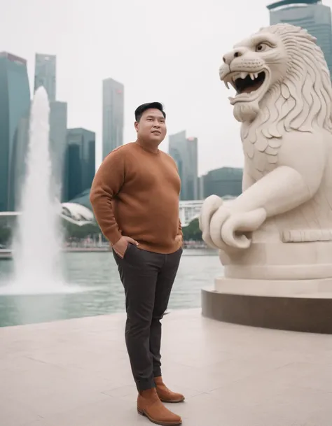 indonesian fat bally man wearing brown sweater and brown boots in front of merlion singapore, in the style of dark orange and white, monochrome geometry, zigzags, white and beige, photo taken with provia, dark beige and white, reefwave (medium shot)