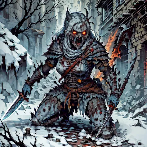 gore, zombie warrior woman with axe on her hand, wounded, short rags, bloody, war scream, fight stance, snowfield, snow mountain, dark atmosphere, horror theme