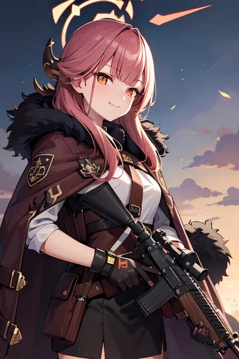 aru (blue archive), aru (new year) (blue archive), aru, halo, horn, fur_trim, gun, weapon, rifle, sniper_rifle, 1girl, holding_gun, fur-trimmed_coat, fur-trimmed_sleeves, fur_collar, fur-trimmed_jacket, holding_weapon, bolt_action, coat, gloves, anti-mater...