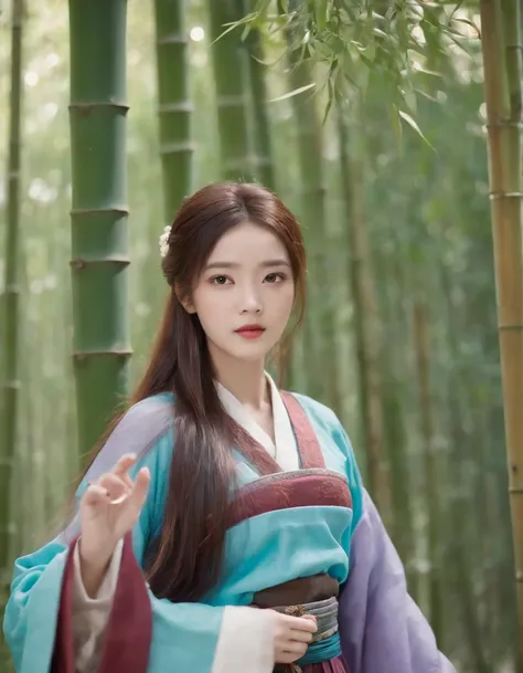 best quality,masterpiece,rich details,in the bamboo forest,1girl,teen,glamor,black eyes,closed mouth,multicolored hair,long hair,straight hair,swept bangs,hanfu,tang style outfits,,cyan blue upper shan,orange long upper shan,red chest po skirt,multicolour ...