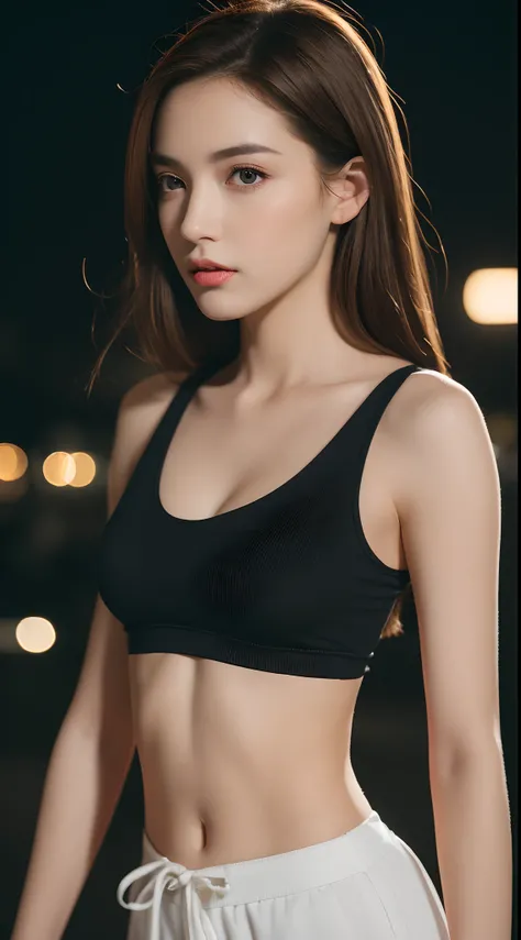 ((Realistic lighting, Best quality, 8K, Masterpiece: 1.3)), Clear focus: 1.2, 1girl, Perfect Figure: 1.4, Slim Abs: 1.1, ((Dark brown hair)), (White crop top: 1.4), (Outdoor, Night: 1.1), City streets, Super fine face, Fine eyes, Double eyelids,