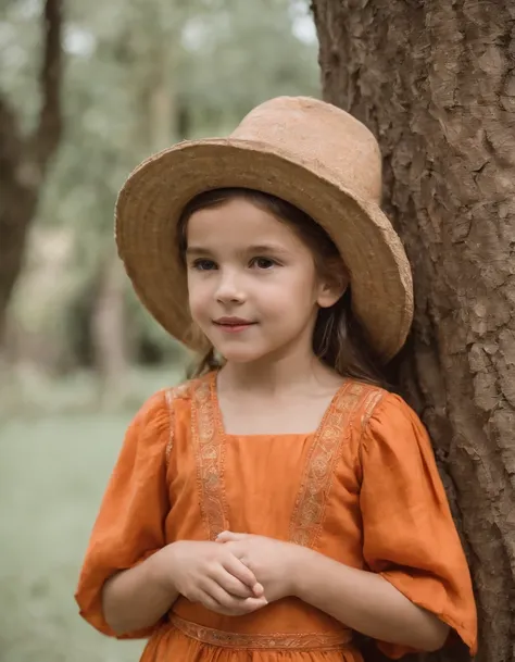 child in hat and orange dress leaning against a tree, in the style of mayan art and architecture, happycore, botanical abundance, mottled, joyful and optimistic, konica big mini, organic graceful posture (medium shot)