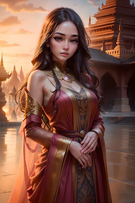 1 girl,beautiful detailed eyes,beautiful detailed lips,extremely detailed face,long eyelashes,long wavy hair,standing in front of Bagan pagoda,sunset lighting,intricately detailed,bright colors,portrait-style,high contrast,sharp focus,photorealistic