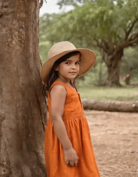 child in hat and orange dress leaning against a tree, in the style of mayan art and architecture, happycore, botanical abundance, mottled, joyful and optimistic, konica big mini, organic (medium shot)