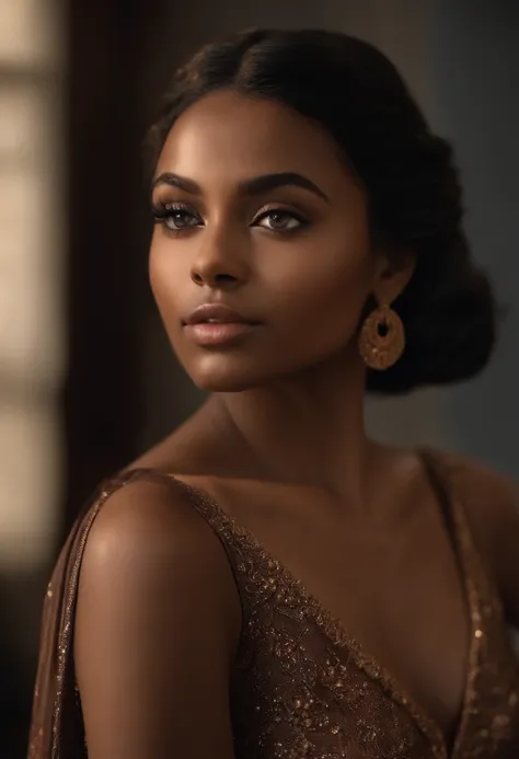 "22-year-old brown-skinned girl without clotheswith a RAW photo, a stunning masterpiece with the best quality and ultra-detailed features, creating a hyperrealistic and cinematic representation of the upper body. Emphasize the use of cinematic lighting tec...