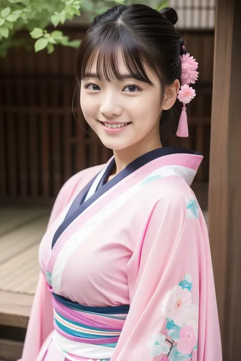 17 years old girl、 kimono、yukata、pinkcolor、kyoto、Turn around、A slight smil、A dark-haired、The upper part of the body、Beautuful Women、An ultra-high picture quality、top-quality、​masterpiece、