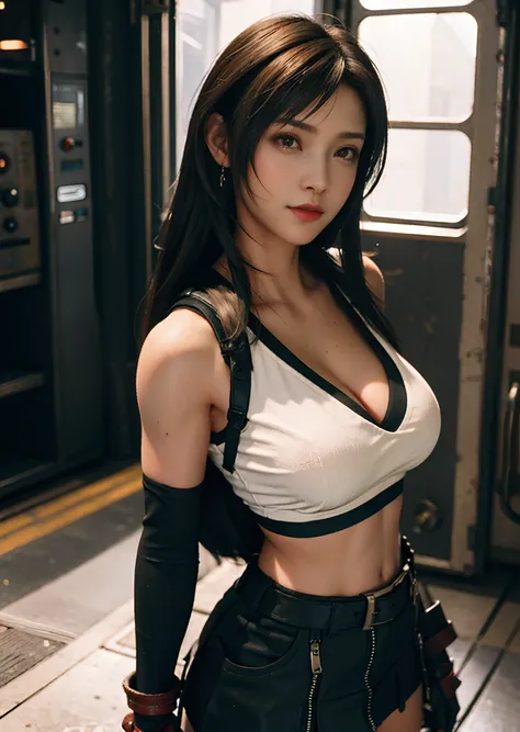 (realisticlying:1.4),top Quority,very fine and beautiful,A high resolution,1 girl standing inside the steel mill,tifa_lockhart,ssmile,cowboy lens,Harnes,Low Waist,mini-skirts,vests,Tension shirts,brunette color hair,long whitr hair,gloves on the elbow,Beau...