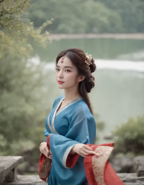 (8k, best quality, masterpiece:1.2), (realistic, photo-realistic:1.2)trans femaile, perfect face, perfect eyes,pureerosface_v1, blue hanfu, ming style,(full body:1.2),nsfw