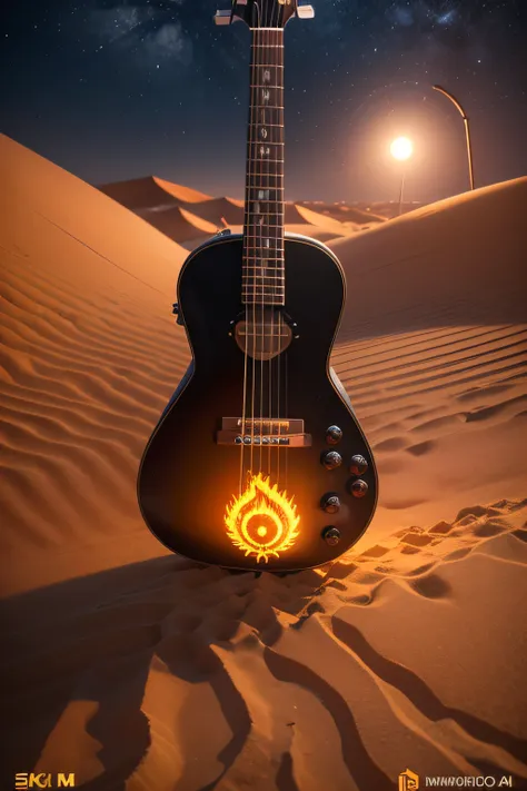 aparelhos de rock, de noite, In India in the middle of the sand dunes, com uma chama iluminando os instrumentos, (qualidade 4k), (dark), (night), (fire), (rock), (sem pessoas)_