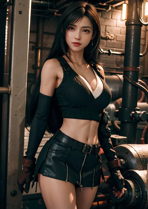 （realisticlying：1.4），top quority，very fine and beautiful，a high resolution，1 girl standing inside the steel mill，tifa_lockhart，s...