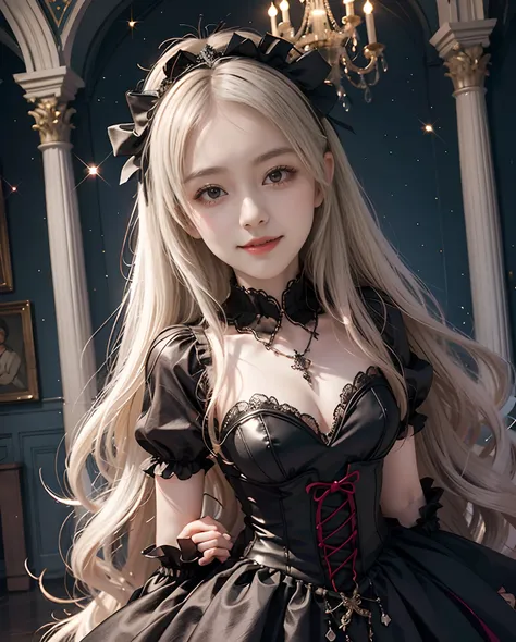 masutepiece、hight resolution、Gothic Lolita costumes、１girl with、9th class、Look at the viewer、smil、Okappa、gothic lorita、The background is a beautiful chandelier inside the castle、Glitter background、Beautiful stained glass museum、the skin is white and transpa...