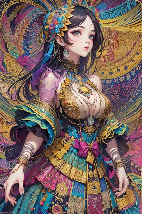 (masterpiece, top quality, best quality, official art, beautiful and aesthetic:1.2), (1girl:1.3), extremely detailed,(fractal art:1.2),colorful,highest detailed,(zentangle:1.2), (dynamic pose), (abstract background:1.5), (treditional dress:1.2), (shiny ski...