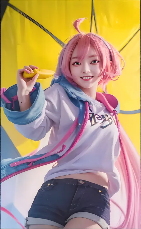 girl with pink hair holding a banana and wearing a white shirt, yellow  umbrela, short jeans pants, big eye, pink eye, masterpiece ,best image quality, ultra detail, realistic, very detail, 8k,smiling girl,