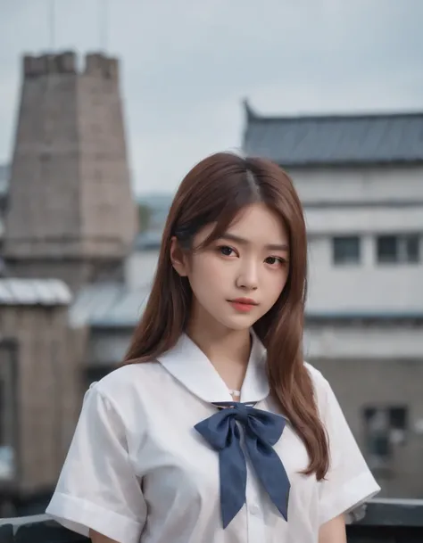 best quality, 1girl, long hair, beautiful eyes, ((japanese school shirt)), sailor collar, neckerchief, short sleeves, white skirt, ((upper body)), standing, outdoors, cityscape, streets, buildings