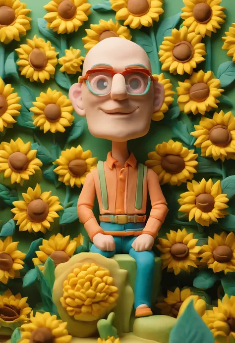 men portrait, the garden is full of sunflowers, clay material, cartoonish design style, pop mart, soft lighting, smooth lines, tilt-shift lenses, detailed science fiction illustrations, hyper-realistic details, warm color