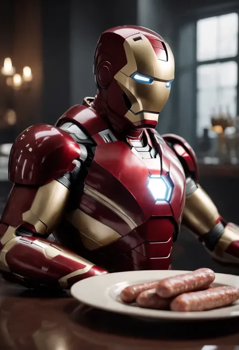 Marvels somber half-length portrait of Iron Man behind a table with a plate of sausages, with intricate angular cybernetic implants within a futuristic kitchen, cyberpunk, Foto premiada, Neon lights, cybernetic limb, obra maestra, UHD, 32K, ultrarrealista,...