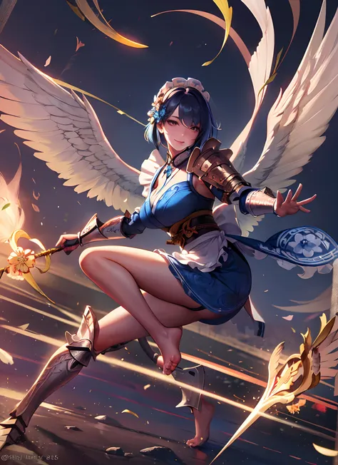 valkyrie、winged helmet、pluma、armor on the shoulders、complex and complex perfect lighting、1girl in、looking at the viewers、a smile...