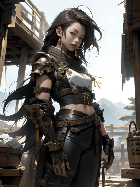 ((woman))), (((best qualityer))), (((tmasterpiece))), (((AS-Adult))), ((( Japanese ))), Look up from your knees, A beautiful asian samurai woman with perfect body, Modern samurai, ((( Asian))), Wear gloves on your hands，The left arm is made of steel and me...