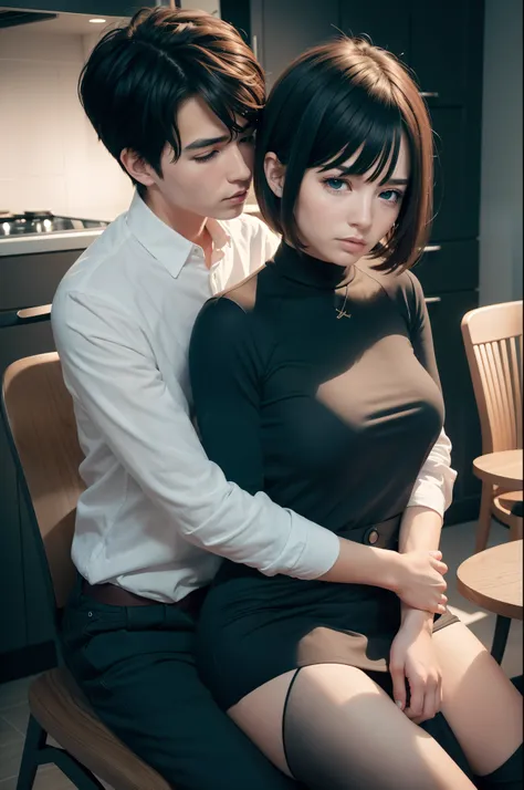 Boy and gilr couple sitting on a chair in a kitchen with a table, realistic, masterpiece, photograpy, best image quality, ultra detail, very detail, 8k, ultra realistic,