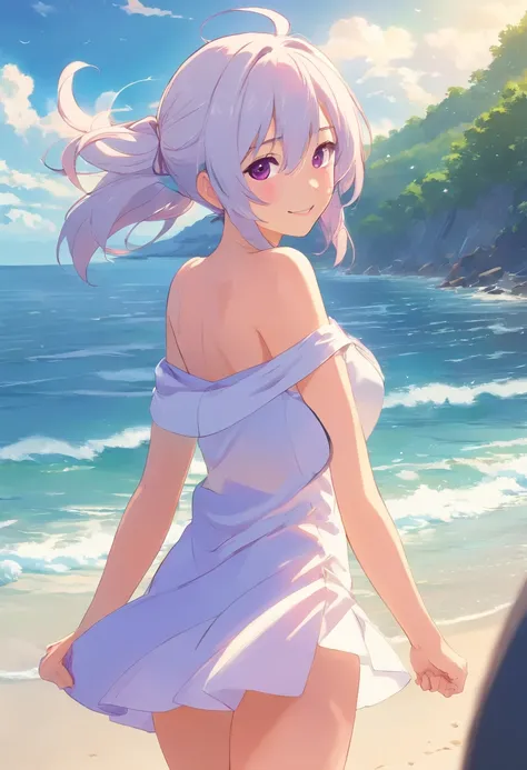 Best Quality, masutepiece, , ,Short, Huge breasts, White hair,low twintails, Purple eyes, Chris Yukine, thin twin tails,, Beach, Sea, White Dress, White skirt, white one peace, a straw fedora hat,  (((Shy))), (Happy), Leaning forward, Summer, From  above, ...