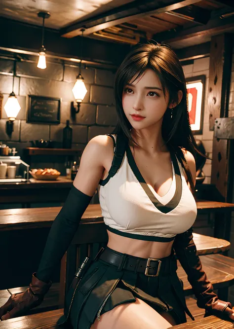 （realisticlying：1.4），top Quority，very fine and beautiful，A high resolution，1 girl sitting on a bar chair，tifa_lockhart，ssmile，cowboy lens，Harnes，Low Waist，mini-skirts，vests，Tension shirts，brunette color hair，long whitr hair，gloves on the elbow，Beautiful de...