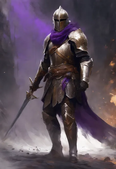 Strong Male,Paladin Knight,walking,helmet on, Centered,purple scarf, Looking at the camera, Facing the camera, Approaching perfection, Dynamic, Highly detailed, Smooth, Sharp Focus, 8K, hight resolution, Illustration, art by carne griffiths and wadim kashi...