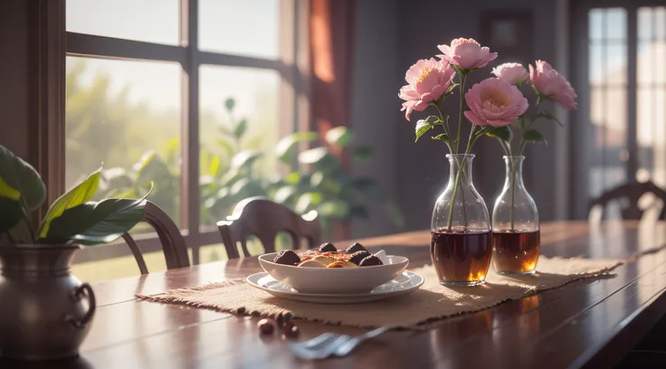 High-detail RAW color photography, A modern dining room with a Provence-style breakfast bar, (higly detailed, hyper-detailing, Entanglement), (lens glare: 0,7), (bloom: 0,7), particle fx, ray traced, 电影灯光, Shallow depth of field, photographed with Sony a9 ...