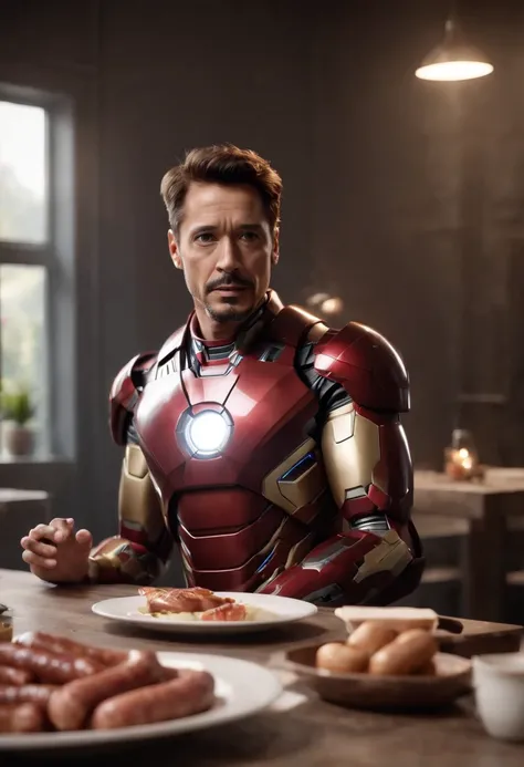 Marvels somber half-length portrait of Iron Man behind a table with a plate of sausages, with intricate angular cybernetic implants within a futuristic kitchen, cyberpunk, Foto premiada, Neon lights, cybernetic limb, obra maestra, UHD, 32K, ultrarrealista,...