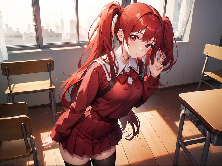 hi-school girl、(Full Red Uniform)、fullllbody、In the classroom of  the school、((Colossal tits))、Red hair、Longhaire、poneyTail、Standing facing the front、Loli-ish、