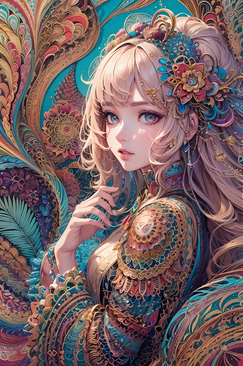 (masterpiece, top quality, best quality, official art, beautiful and aesthetic:1.2), (1girl:1.3), extremely detailed,(fractal art:1.2),colorful,highest detailed,(zentangle:1.2), (dynamic pose), (abstract background:1.5), (treditional dress:1.2), (shiny ski...