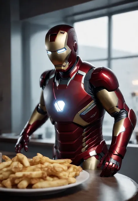 Marvels somber half-length portrait of Iron Man behind a table with a plate of salchichas en trozos acompañado de papas fritas, with intricate angular cybernetic implants within a futuristic kitchen, cyberpunk, Foto premiada, Neon lights, cybernetic limb, ...