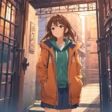 Scenery of Metal Town,   Metal gate, lounge room, Metal ladder,  Copper roof, Stone formation, Winch Chain, Copper furniture,   Cartoon mechanical style　One girl with long hair　parka　Smooth hair　cute little　Arms in horizontal pose with palms facing up