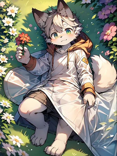 Masterpiece, Best quality, Perfect anatomy, Watery eyes, author：Milk Tiger 1145, author：K0bit0wani, Furry, coyote, (Phyllis:0.3), Muscular male, Solo, wears, baggy clothes, wet fur, (Translucent raincoat:1.1), (holding flower:1.1), Lying, birds eyes view, ...