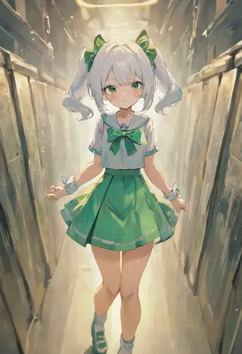 Girl White Rabbit black Hair Bow White Short Skirt green Top Hands behind You, bunny ears, glasses, knee socks