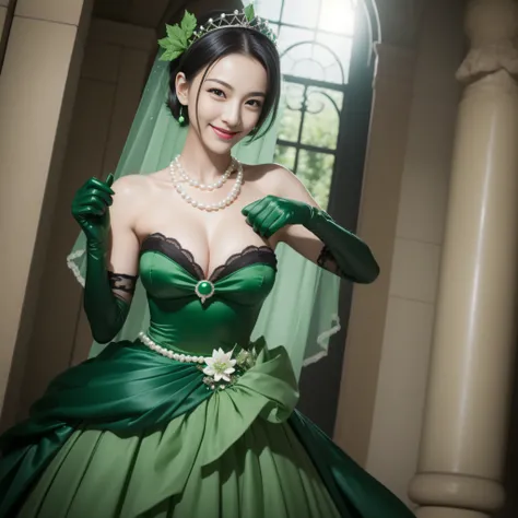 Boyish very short black hair, lipsticks, Japan woman smiling, Green Long Grove,　Emerald Tia boyish very short black hair, lipsticks, Japan woman smiling, Satin green long gloves,　emerald tiara, Pearl Necklace, verd s eyes, Green eyes, Long green gloves mad...