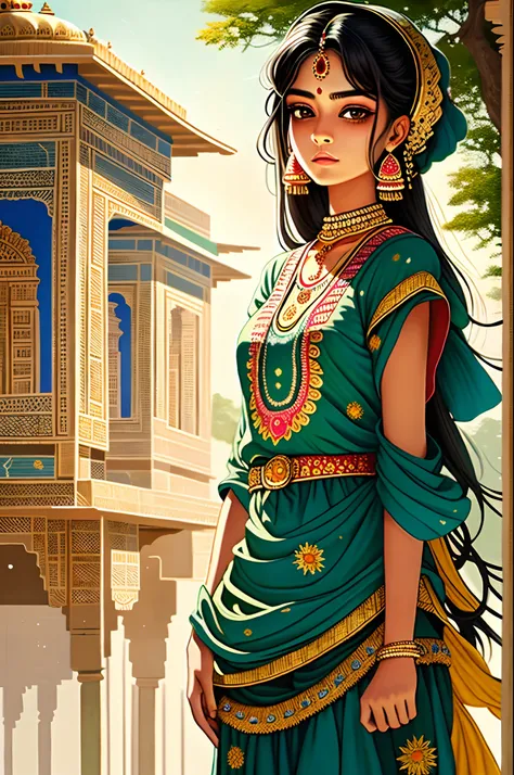 masterpiece, best quality, ultra-detailed, best illustration,_1 girl, Rajasthani painting