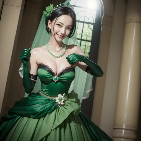 Boyish very short black hair, lipsticks, Japan woman smiling, Green Long Grove,　Emerald Tia boyish very short black hair, lipsticks, Japan woman smiling, Satin green long gloves,　emerald tiara, Pearl Necklace, verd s eyes, Green eyes, Long green gloves mad...