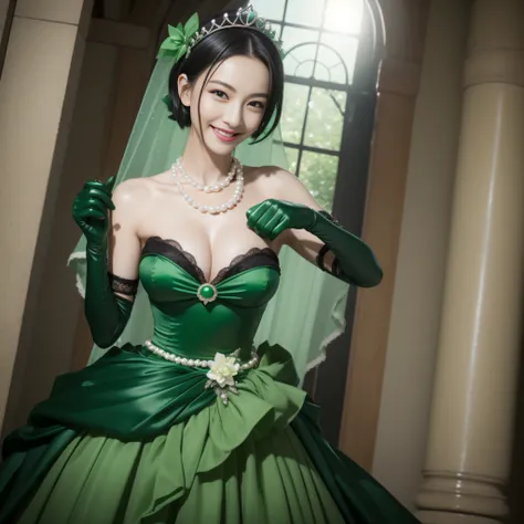 Boyish very short black hair, lipsticks, Japan woman smiling, Green Long Grove,　Emerald Tia boyish very short black hair, lipsticks, Japan woman smiling, Satin green long gloves,　emerald tiara, Pearl Necklace, verd s eyes, Green eyes, Long green gloves mad...