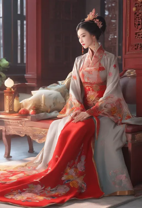 The noble concubine by the window was a woman dressed in a red dress in ancient costume，Chest、Sleeves and skirts，Embroidered with moire with gold thread，Lie on your side on a soft bed，A lotus arm that bullied frost and snow supported the head of the screw，...