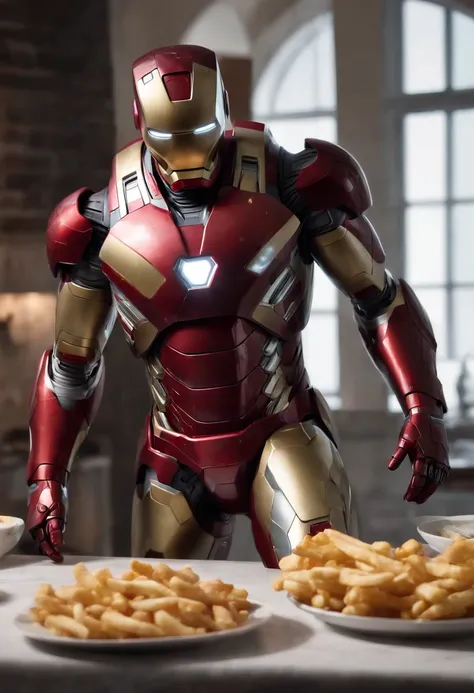 Marvels somber half-length portrait of Iron Man behind a table with a plate of salchichas en trozos acompañado de papas fritas, with intricate angular cybernetic implants within a futuristic kitchen, cyberpunk, Foto premiada, Neon lights, cybernetic limb, ...