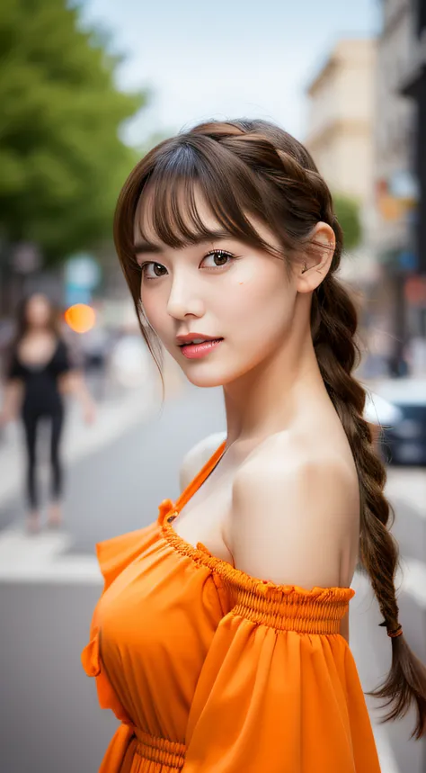 Woman posing on street corner in orange dress, Best Quality, 1girl in, large full breasts, day, Bright, blur backgroun, Bokeh, plein air, (Street:0.8), (People, Crowds:0.8), (Off shoulder dress:1.2), Gorgeous, (Braided bangs:1.2), Beautiful detailed sky, (...