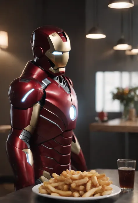 Marvels somber half-length portrait of Iron Man behind a table with a plate of salchichas en trozos acompañado de papas fritas, with intricate angular cybernetic implants within a futuristic kitchen, cyberpunk, Foto premiada, Neon lights, cybernetic limb, ...