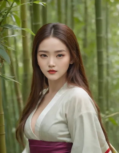 Best quality,Masterpiece,rich details​,In the bamboo forest,1girll,Teenage uncensored,carismatic,Large breasts,Black eyes,Closed mouth,multicolored hair,Long hair,Straight hair,sweeping bangs,Hanfu,tang style outfits,,Turquoise blue up the mountain,The ora...