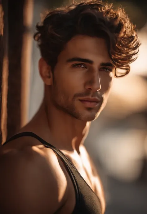 Cinematic soft lighting illuminates a beautiful Brazilian male model with stunning and ultra-realistic details，Foto de corpo inteiro da frente，olhar bonito，messy short brown hair，olhos claros de mel，Sorriso encantador perfeito，Criado sexy，Homem quente，insa...